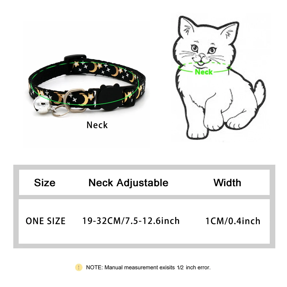 Gold Stars and Moon Cat Collar with Reflective Safety Buckle and Bell