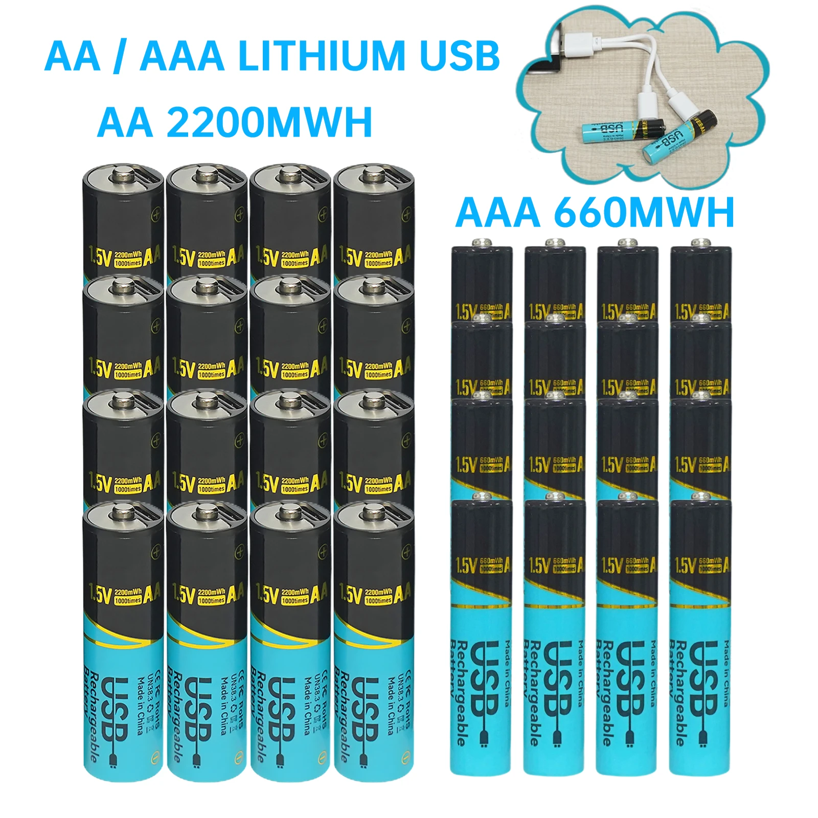 SKYWOLFEYE Lot 660mWh/2200mWh 1.5v AA AAA Rechargeable Lithium Batteries USB Type-C Fast Charge Battery