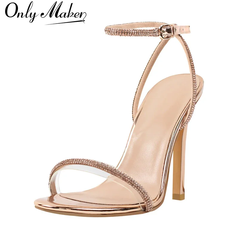 Onlymaker Summer Sandals Open Toe Thin High Heels Rhinestone Strappy  Band Large Size  Peep Toe Gold Color Women Sandals