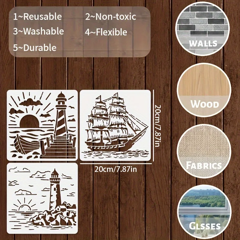 3個入り 7.9インチ 灯台と帆船の絵画ステンシルセット DIYウォールアート、木材、布、家の装飾、再利用可能なクラフトテンプレート用