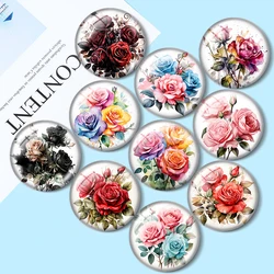 Watercolor Painting roses colorful 10pcs 12mm/16mm/18mm/25mm Round Photo Glass Cabochon Demo Flat Back Making findings