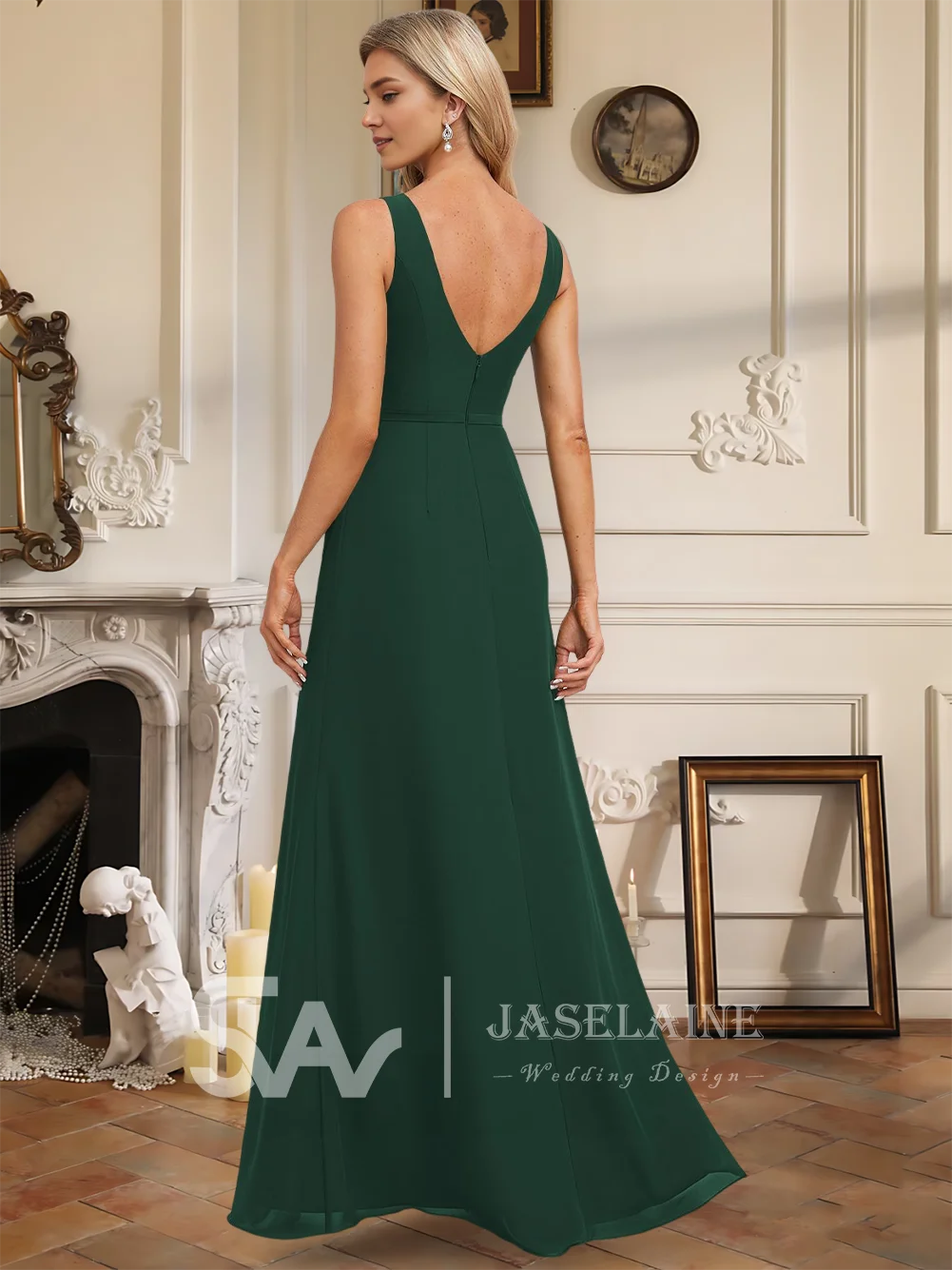 Luxury A-Line Chiffon Bridesmaid Dresses Floor-Length Boat Neck Sleeveless Pleated Wedding Guest Party Evening Cocktail Women