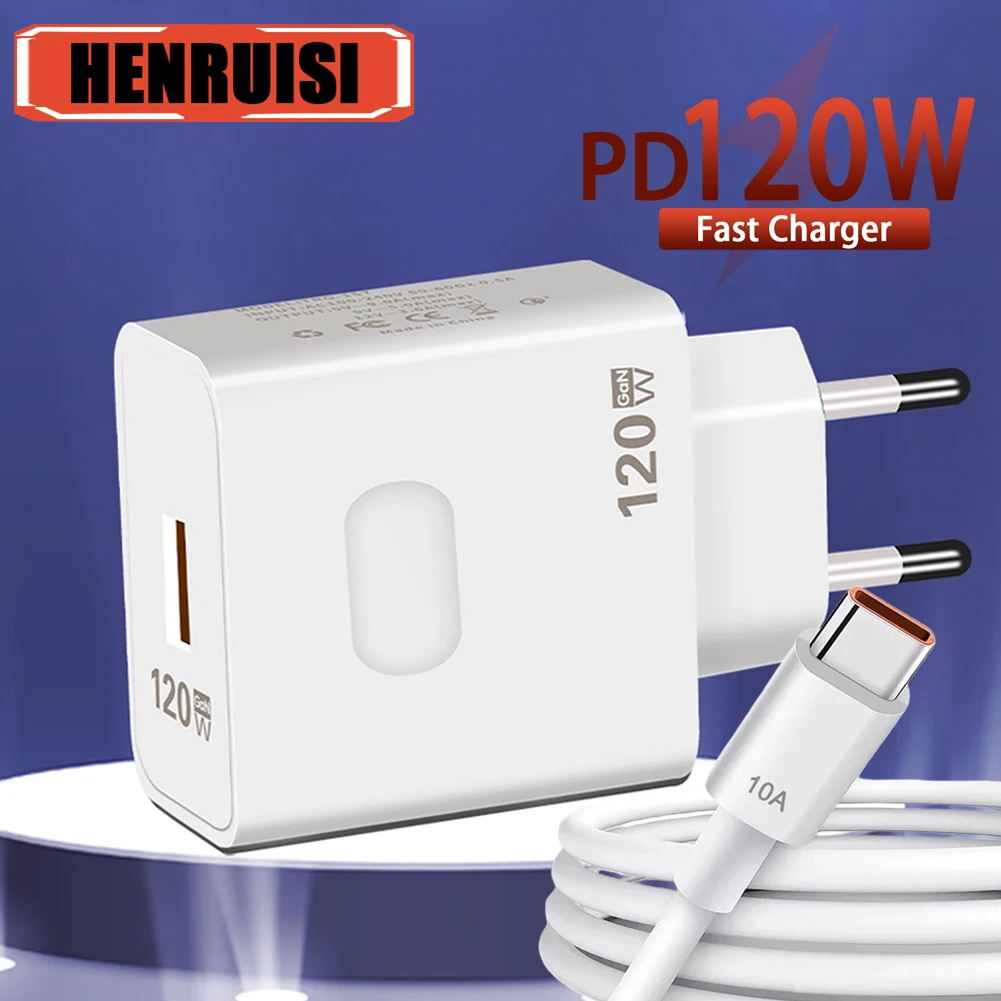 120W GaN USB Charger Fast Charging Type C Quick Charge 3.0 Wall Mobile Phone Charger 10A Type C Cable For iPhone Samsung Xiaomi