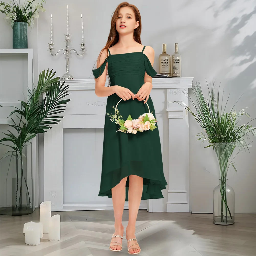 

Luxurious Cold Shoulder Junior Bridesmaid Dress Blush Quartz Flower Girl Dress Asymmetrical Chiffon With Cascading Ruffles