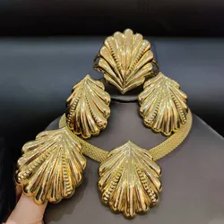 Dubai Gold Plated Jewelry Set for Women Shell pattern Earrings and Necklace Set Fashion Wedding Bride Bracelet Ring Jewelry