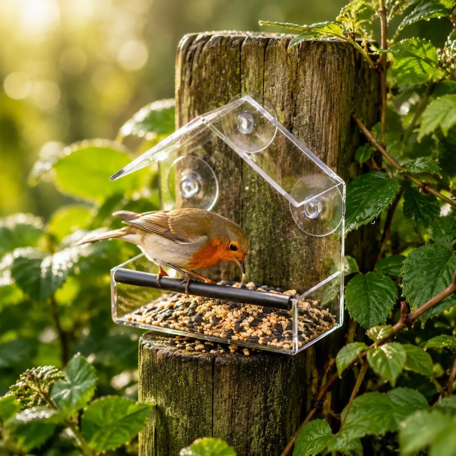 Transparent Acrylic Small Bird Feeder Wall Mount Suction Cup Hanging Bird Cage for Outdoor Backyard Garden Pet Feeding Supplies