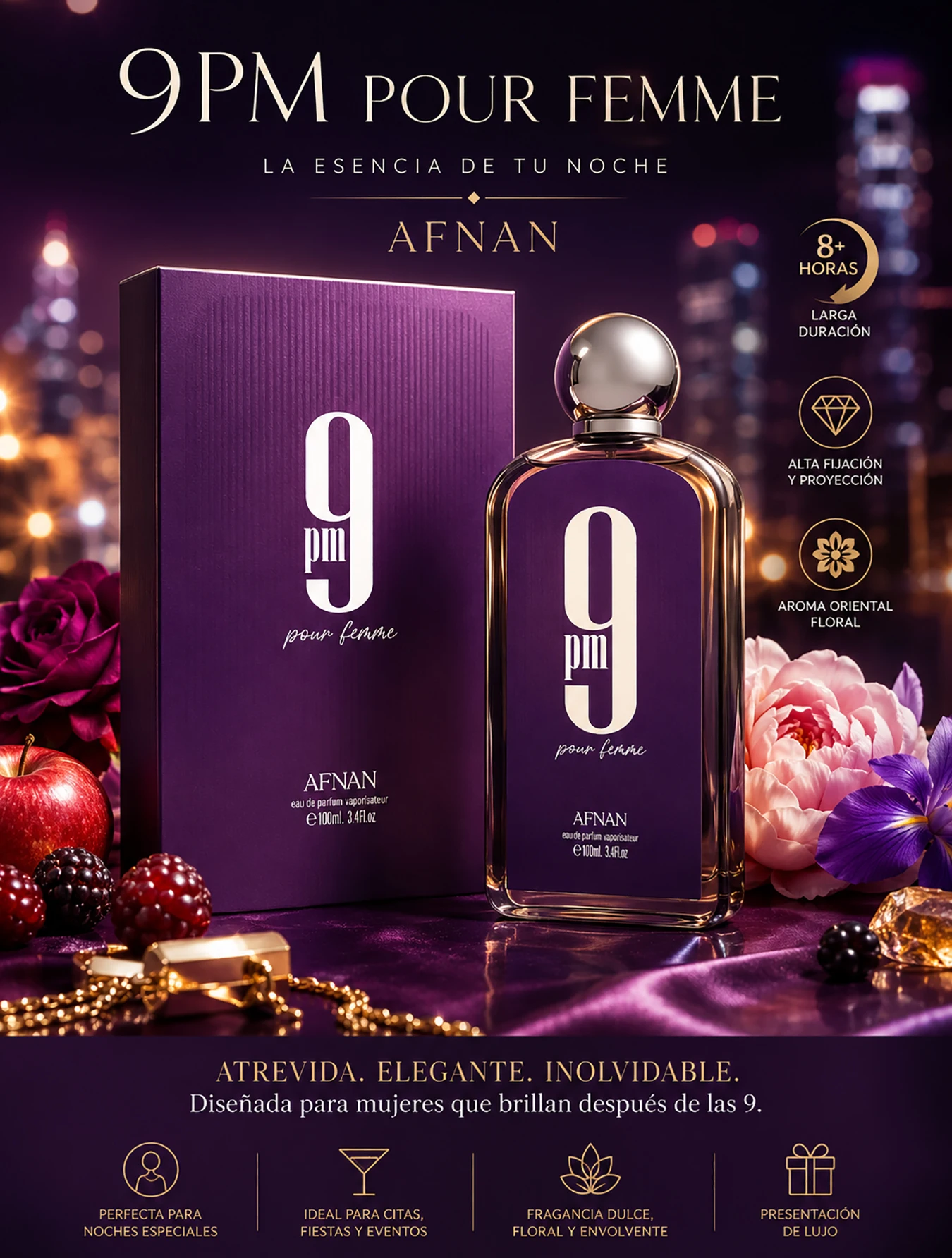 Perfume Afnan 9pm Pour Femme EDP 100ml. Fragancia Oriental Floral de Lujo. Aroma Dulce, Femenino y Sofisticado. Alta Duración y Proyección. Ideal para Noches Especiales, Citas y Eventos. Esencia Sensual e Irresistible