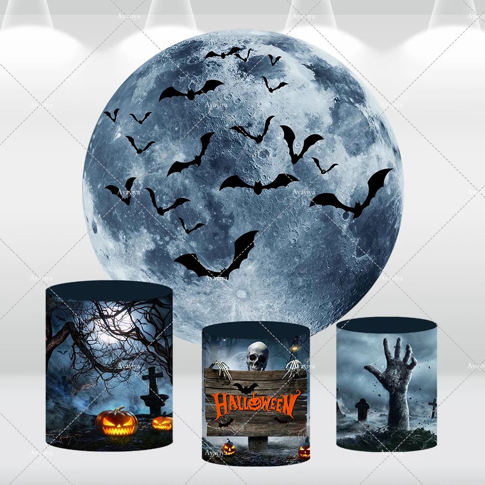 

Halloween Party Decoration Round Backdrop Cover Full Moon Bat Night Circle Background Photography Pumpkin Horror Cylinder Covers