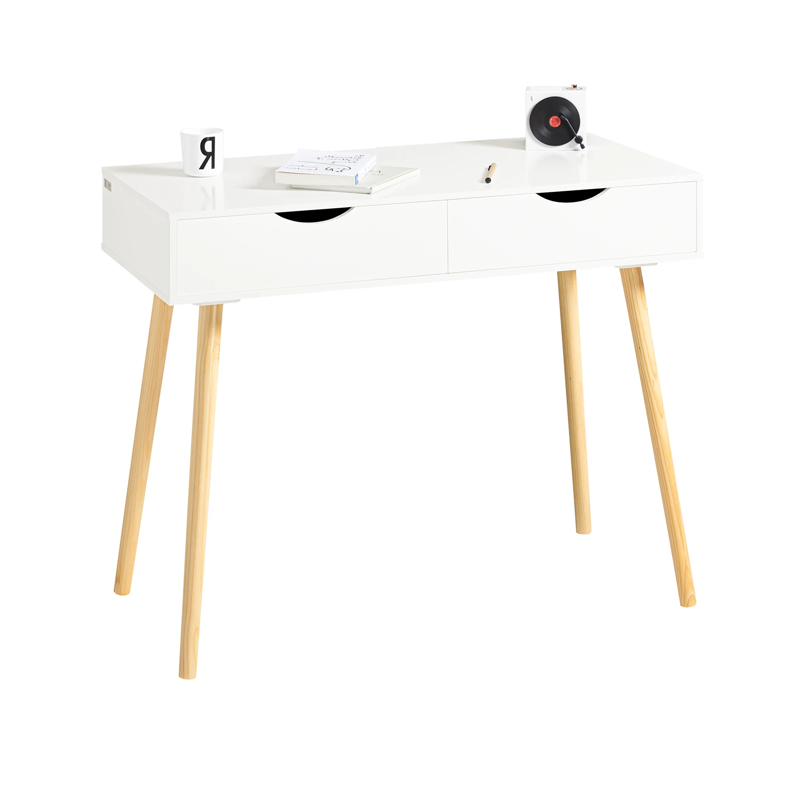 SoBuy FWT40-WN Mesa de ordenador con 2 cajones Mesa de oficina moderna Escritorio estable blanco/naturaleza con almacenamiento