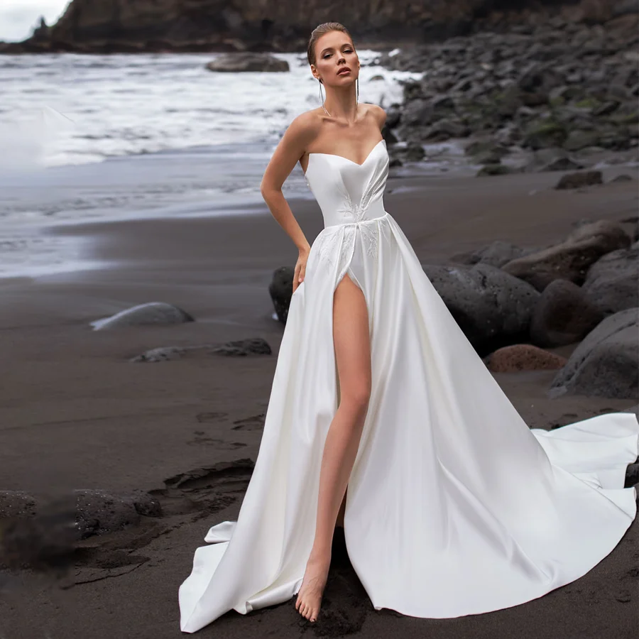 

Opulent Satin Wedding Dress with V-neckline And Daring High-Split Design Radiant Beaded Bridal Gown with Court Train And Lace-Up