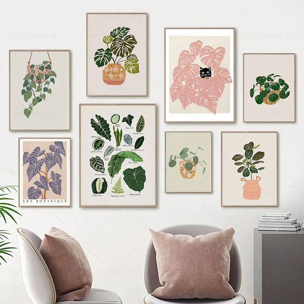 Botanical House Plants Art Print Canvas Painting Cute Cat Poster Boho Wall Pictures Living Room Home Decoration Plant Lover Gift