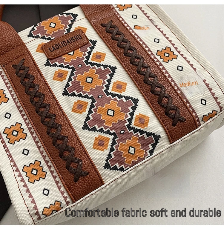 Europäische und amerikanische Vintage-Druck-Leinentasche, trendige Damen-Umhängetasche, tragbare Umhängetasche, große Kapazität, Einkaufstasche – Detail 7