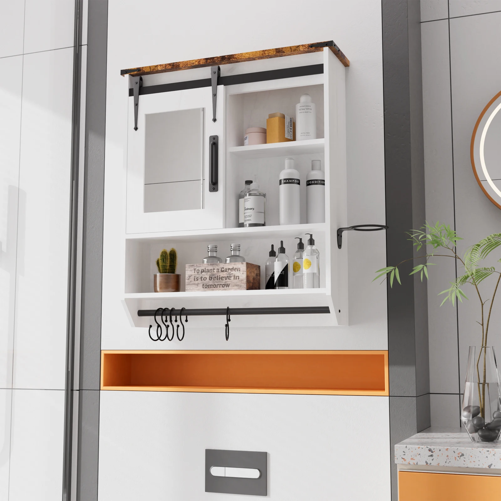 

For Bathroom Kitchen Laundry Room Mirror Cabinet Wall with Adjustable Shelf/ Towel Bar/ Hairdryer Rack/ 5 Hooks Over Cabinet