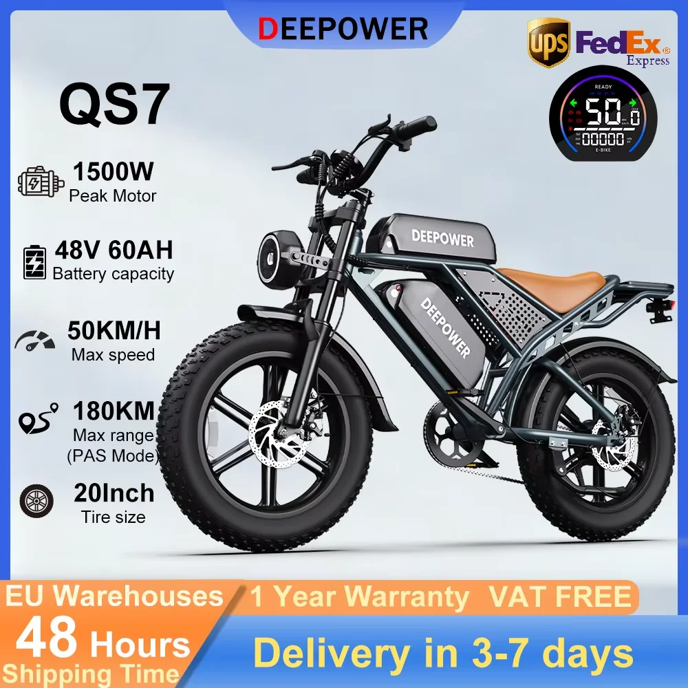 Vélo électrique DEEPOWER QS7 1500W 48V 60AH avec double batterie, vélo électrique pour adultes, 20 pouces, tout-terrain, hors route