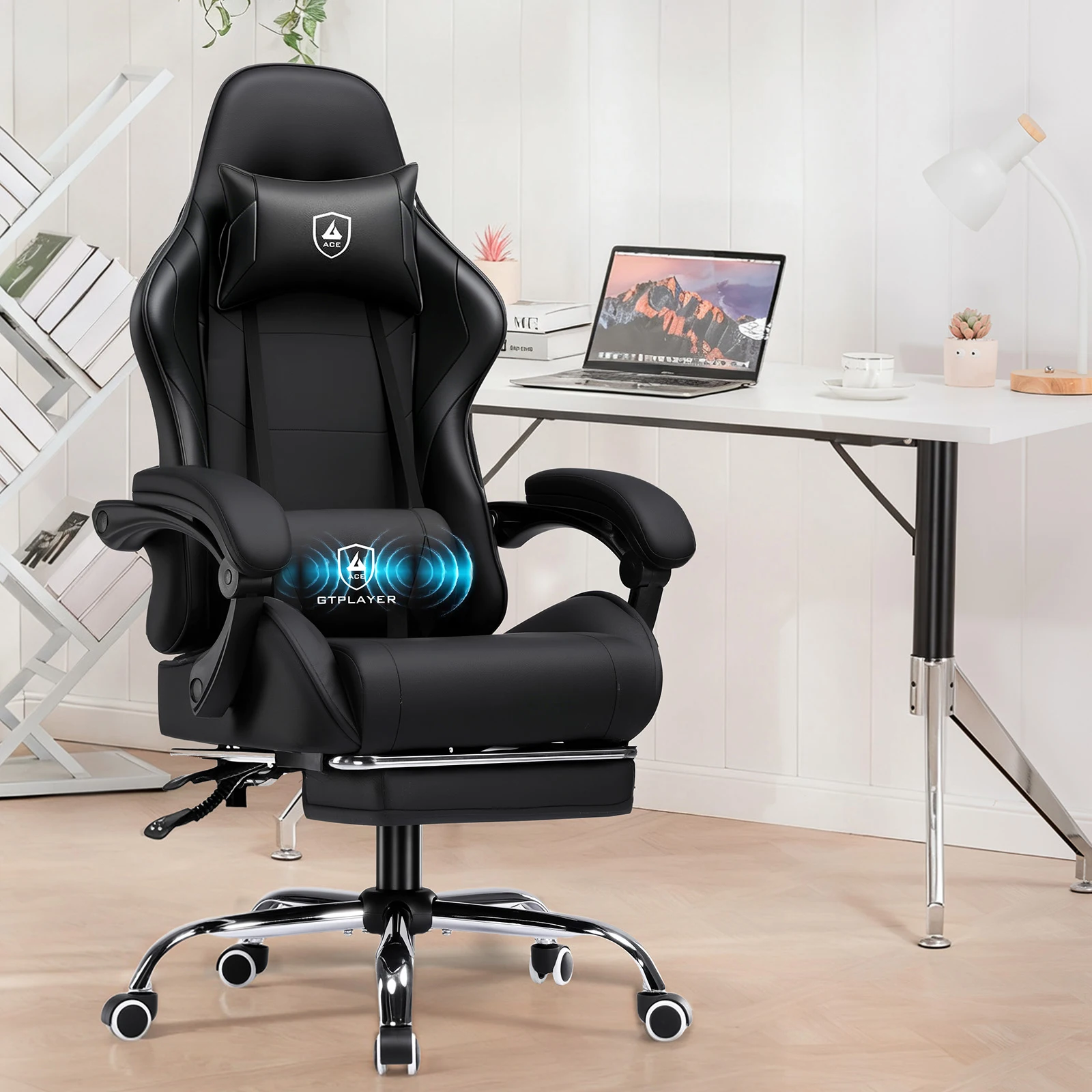 GTPLAYER Gaming-Stuhl mit Massagefunktion & Lendenstütze, Ergonomischer Bürostuhl höhenverstellbar, gepolstert, bis 150 kg