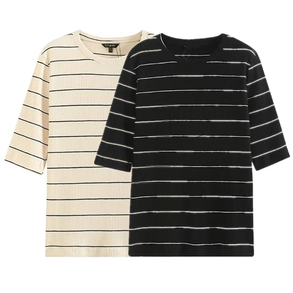 

Withered England Style Simple Basic Striped Knitted Tops Fashion Casual Summer Tshirts Women