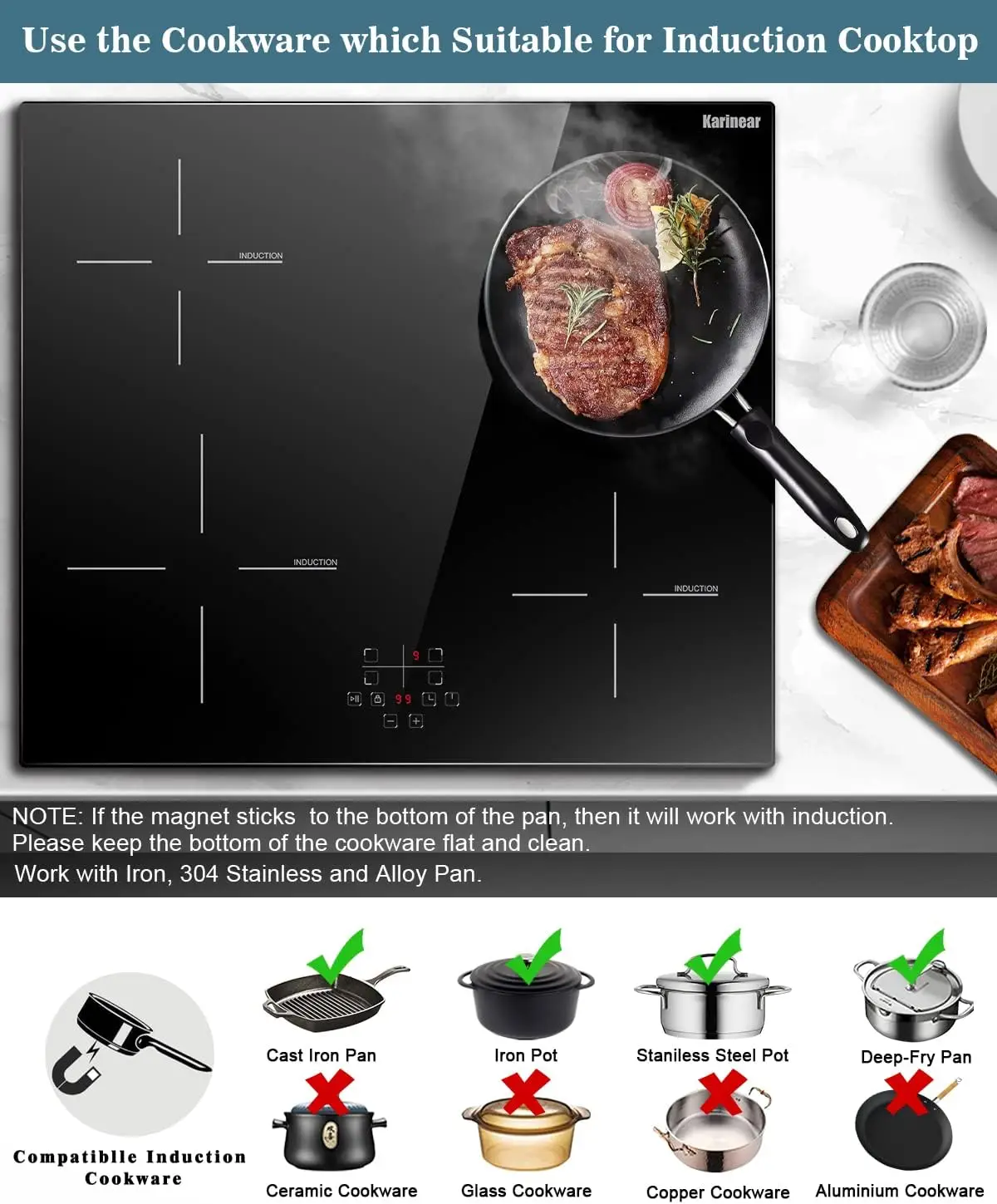 Karinear Induction Hob, 4-Burner Induction Hob, Built-in Induction Hob, Electric Hob with Touch Control, Timer, Safety Lock, 660