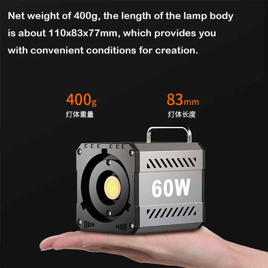 60W Portable LED Video Light with 3400mAh Internal Battery, Metal Mini Dual Color Temperature COB Continuous Output Lighting