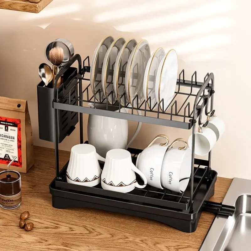 

2 Tier Dish Drying Rack Kitchen Bowl Drainer Storage Rack Tableware Drain Chopsticks Knife Fork Water Cup Storage Holder 2 Tier