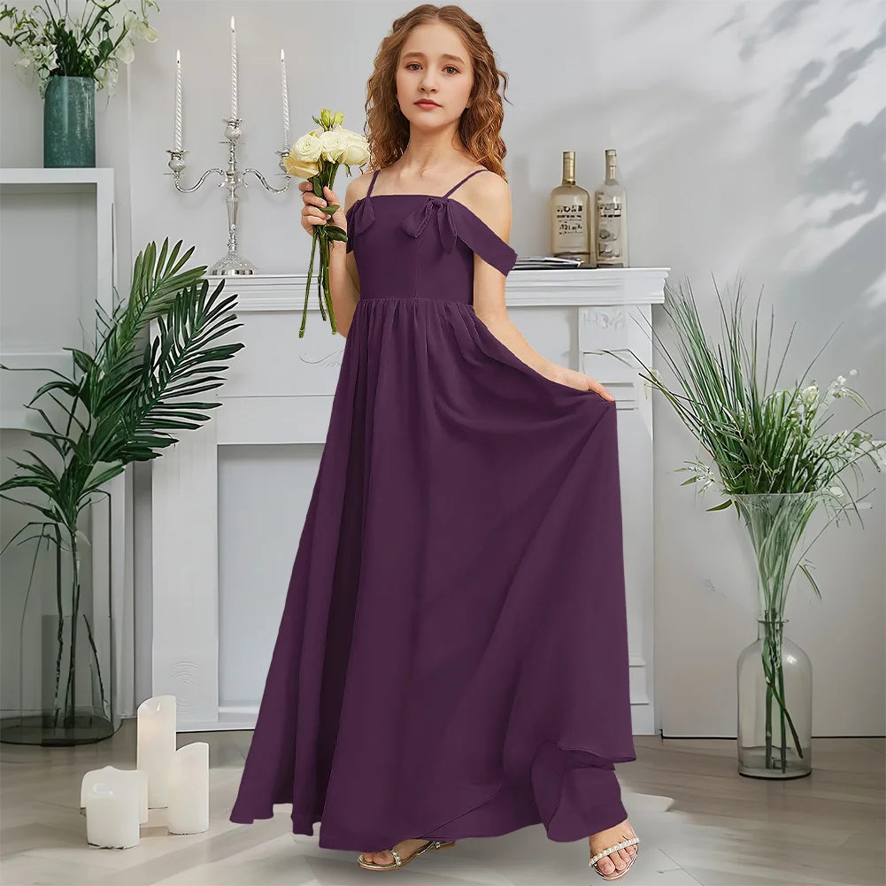 GFH Ethereal Cold-Shoulder Junior Bridesmaid Dress Kids Celadon Flower Girl Dress A-Line Floor-Length Chiffon Bow Garden Gala
