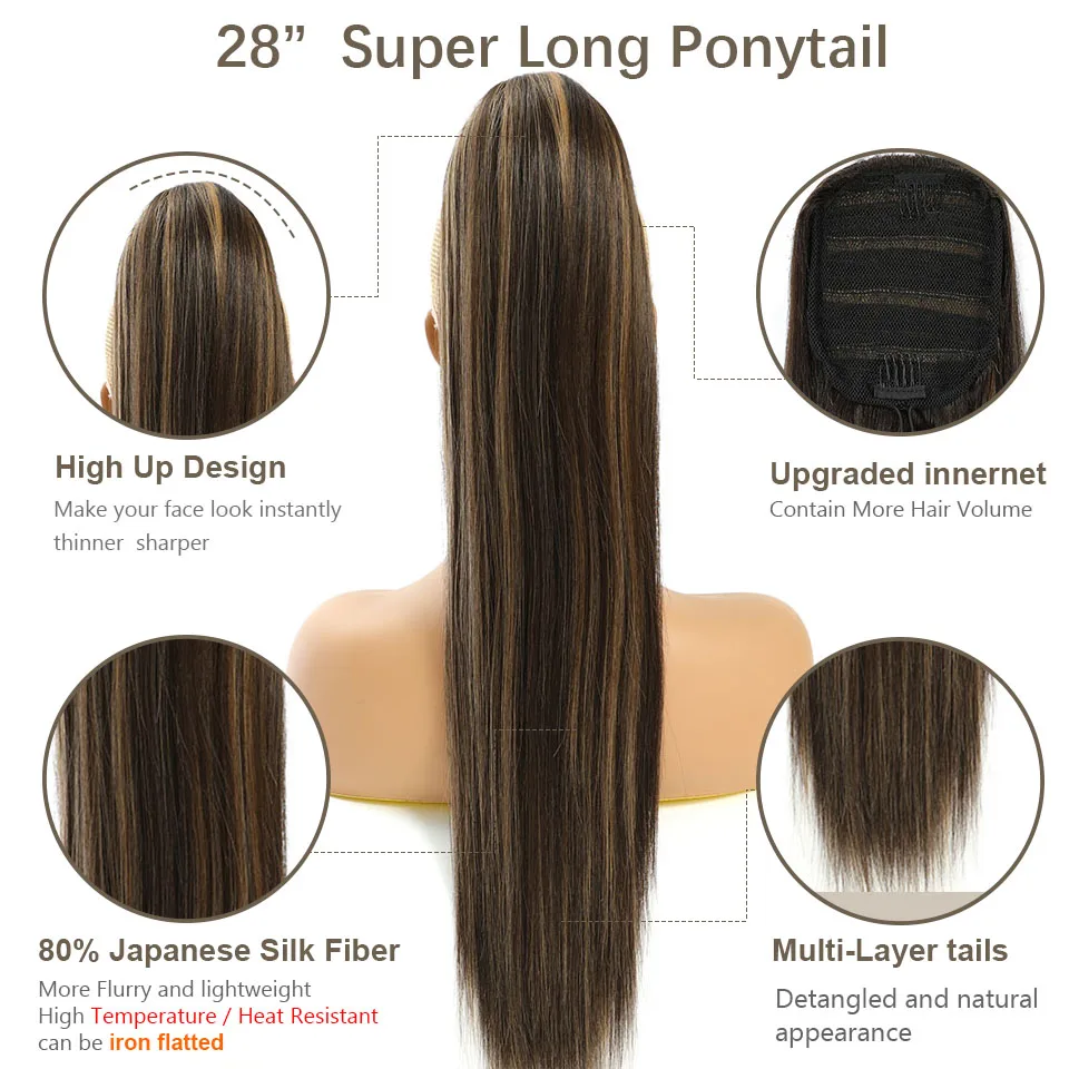 Extensions Capillaires Synthétiques Blondes sulfet Lisses, Queue de Cheval Soyeuse Résistantes à la Chaleur, Proximité, réinitialisation WString, Postiche, 12/119