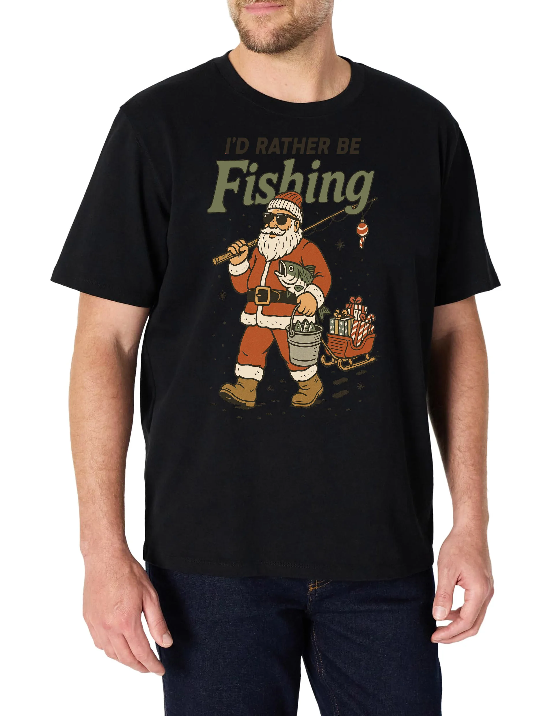

Men's T-Shirt with Fishing Print Design, Black Short Sleeve Crew Neck, 100% Cotton