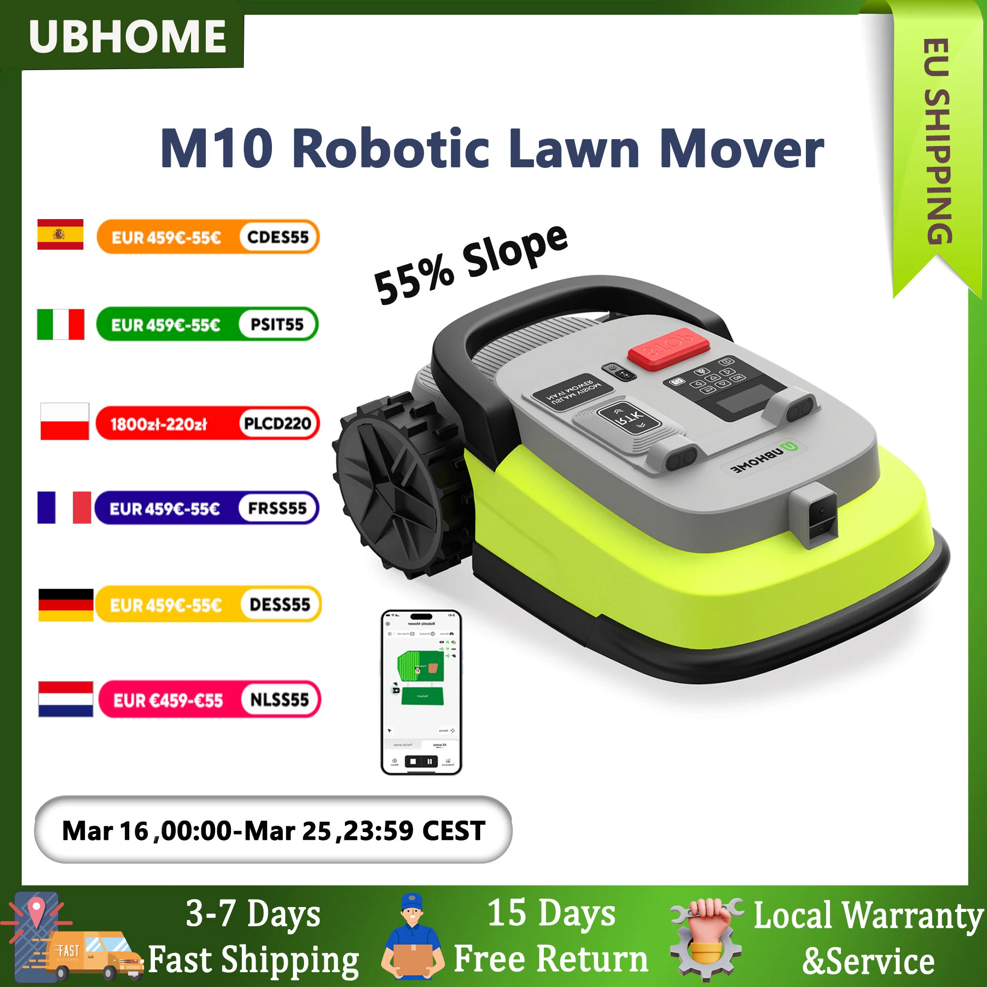 UBHOME M10 Kabelloser Roboter-Rasenmäher, 1000 m2, mit Vollfrequenzband, RTK+AI-Vision und App-Steuerung, 52 dB leiser Rasenmäher