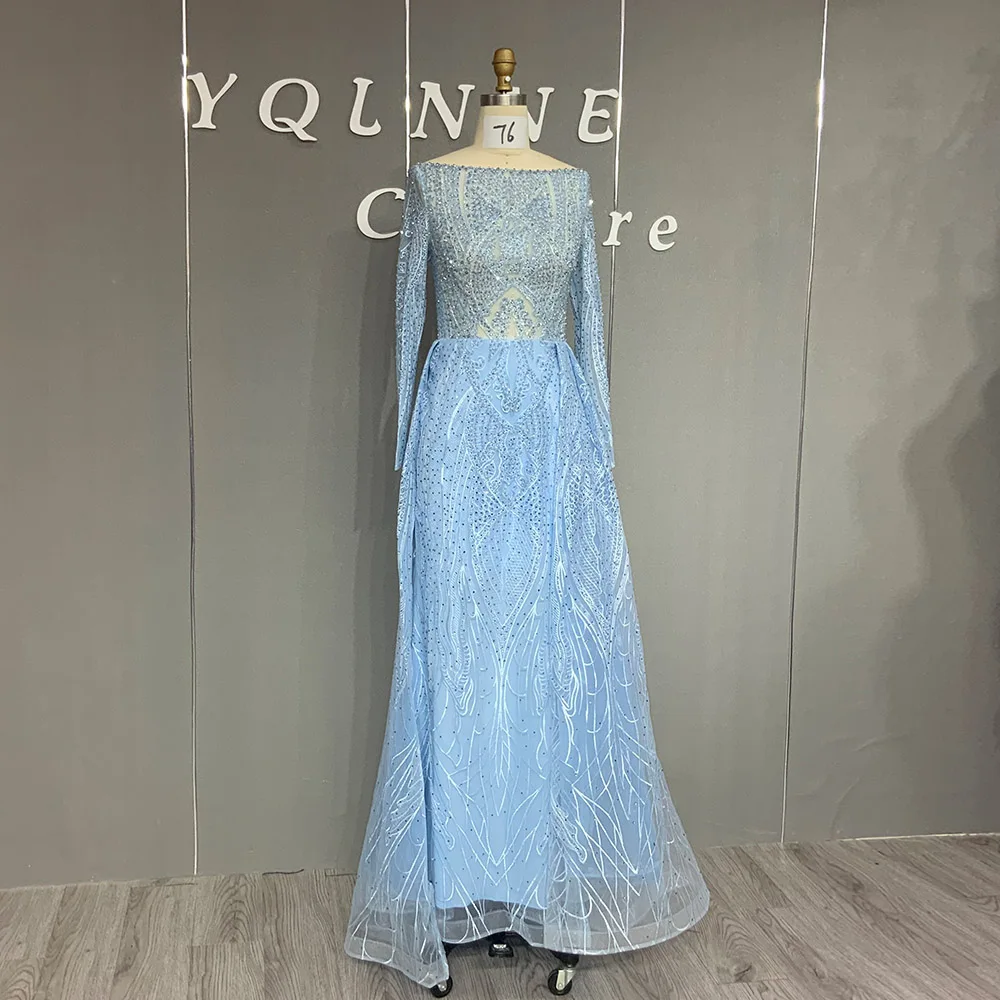 2023 Light Blue Full Sleeves Evening Dresses Muslim Long Embroidered Lace Formal Women Mermaid Gown For Party YQLNNE