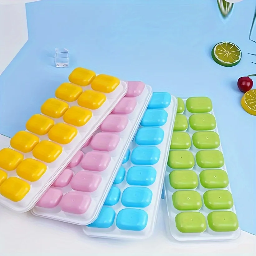 2-piece ice cube tray mold with 14 compartments and a removable lid; suitable for freezing. Colors will be shipped at random.