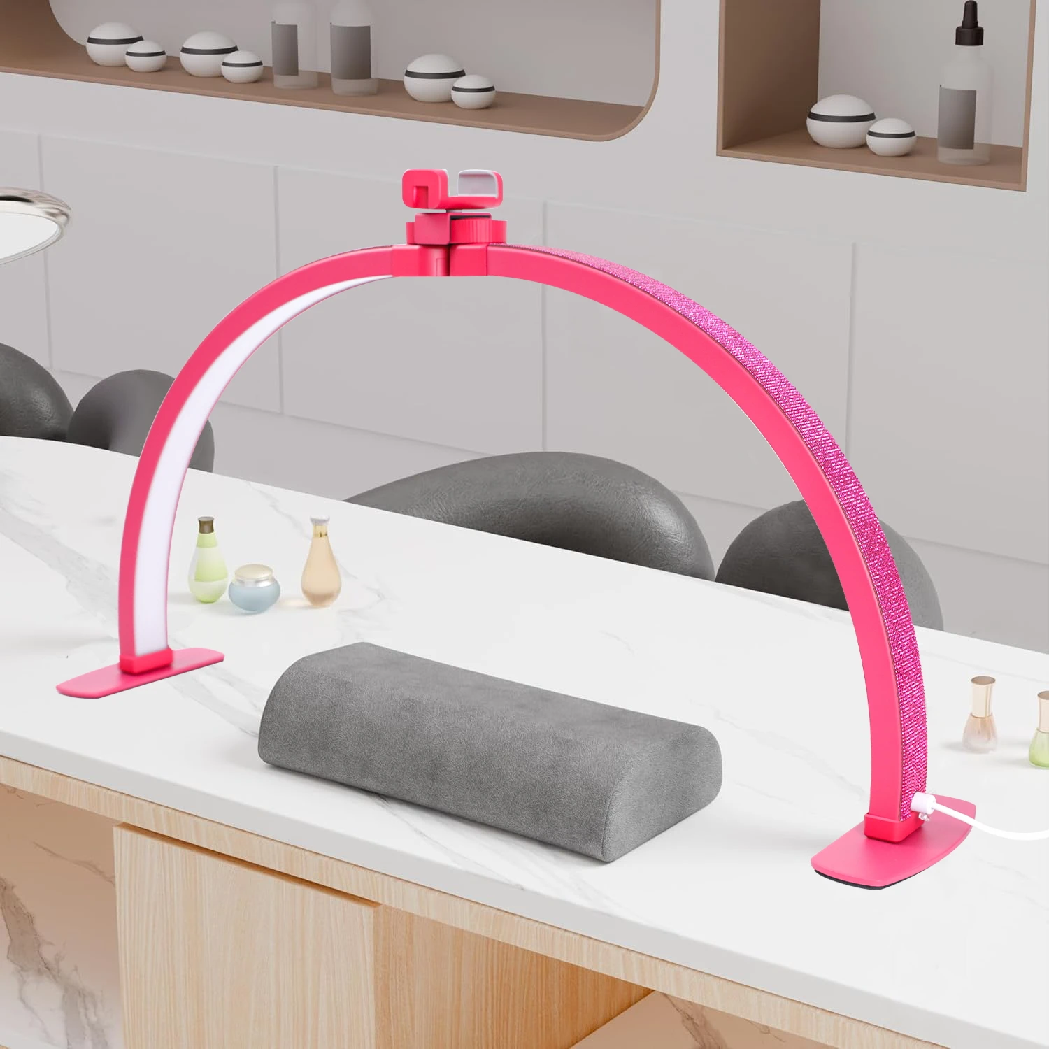 

Half Moon Light for Nail Desk with Phone Holder, 29 inch Folding Half-Moon Light with Shinning Diamond