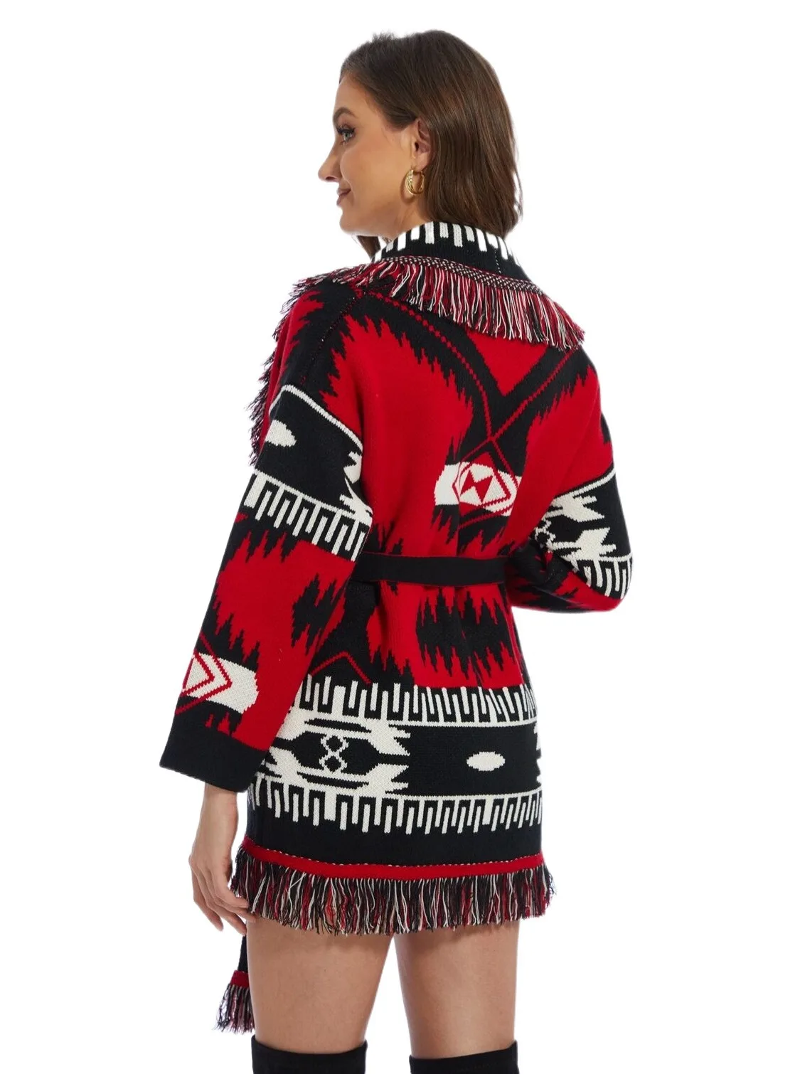 Designer Inspired Winter Women\'s Cashreme Wool Jacquard Print Fringed RED&Black Bohemian Belted Cardigan With Long Sleeve Coat