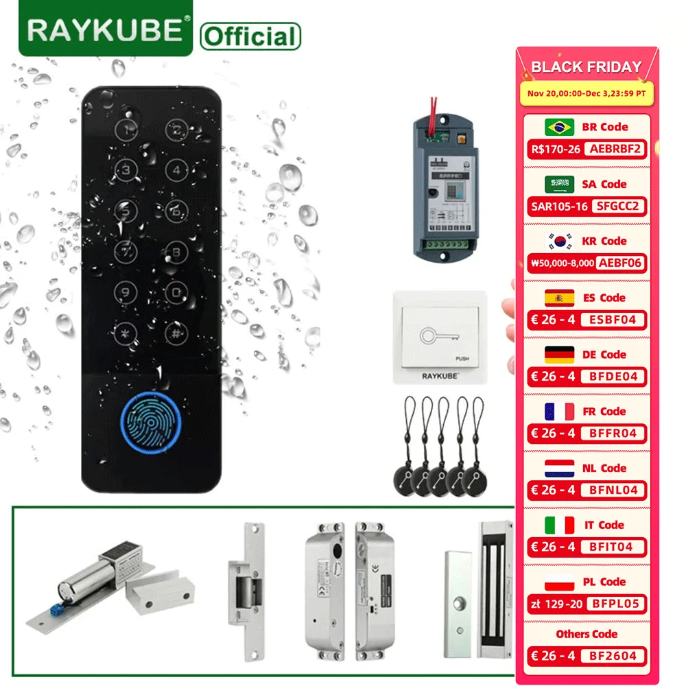 RAYKUBE IP66 Waterproof Access Control System Kit Fingerprint lock Wifi Tuya App Control Smart Door Lock Electric Magnetic Locks
