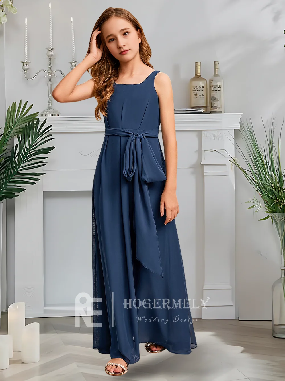 Платье подружки невесты трапециевидной формы, платье с цветочным узором для девочек, шифоновое платье с квадратным вырезом, длиной до пола для девочек, для особых случаев