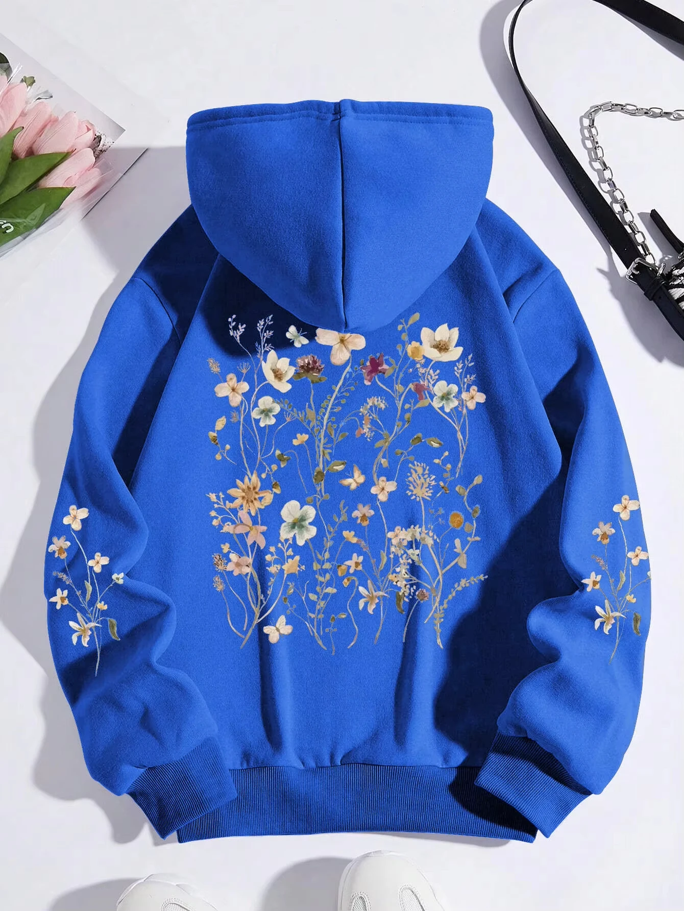 Colorful Flowers Printing Women Sweatshirt Harajuku Casual Sweatshirt Fashion Loose Hoodie Autumn Warm Vintage Fleece Woman Top