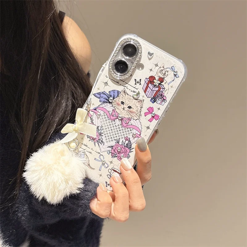 

Luxury Flash Diamond Bow Cute Kitten Mobile for iPhone 16 Pro 15 14 13 Pro Max with plush pendant Flower Shockproof cover For 15