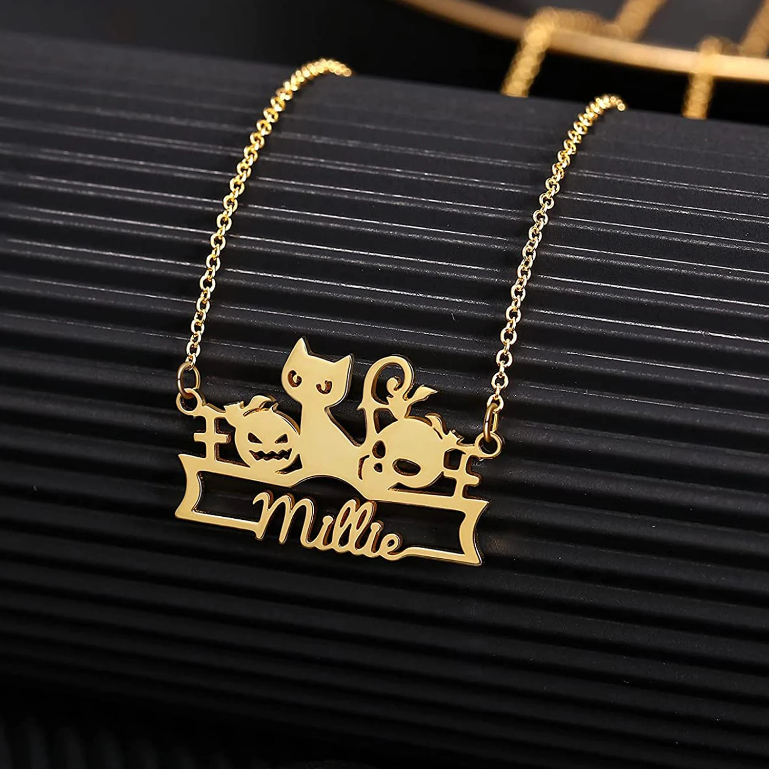 

Custom Personalized Name Necklace For Halloween 18K Gold Plated Vampire Witch Vintage Gothic Cat Pumpkin Ghost Pendant Necklace