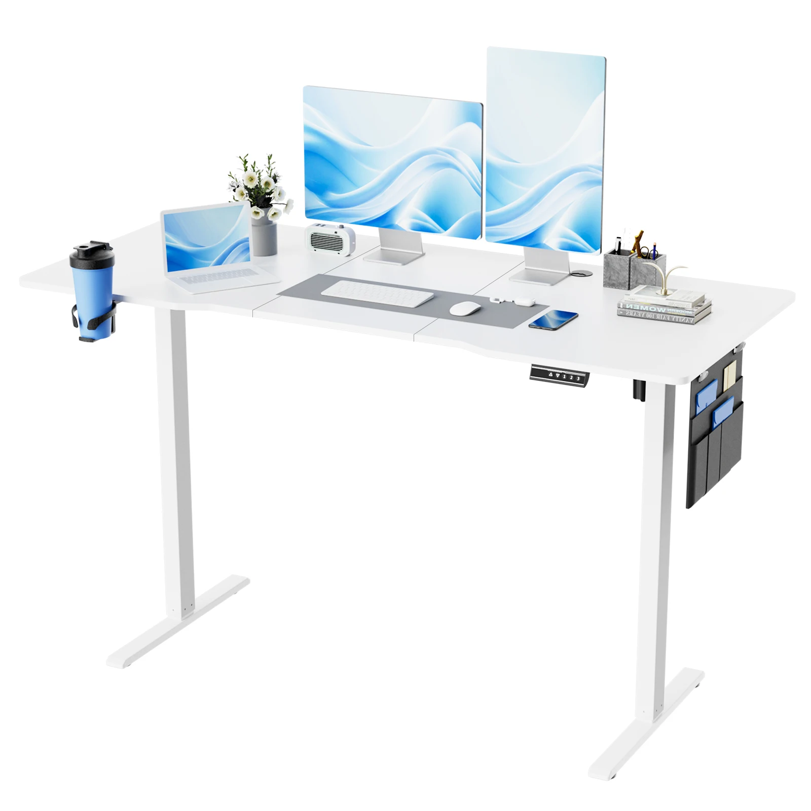 Bureau assis debout électrique 70kg, moteur silencieux 45dB, hauteur réglable 71-117cm, technologie anti-collision, écran LED avec 3 mémoires, assemblage facile 15min, crochets, porte-gobelet, panier de rangement – pour home office confort