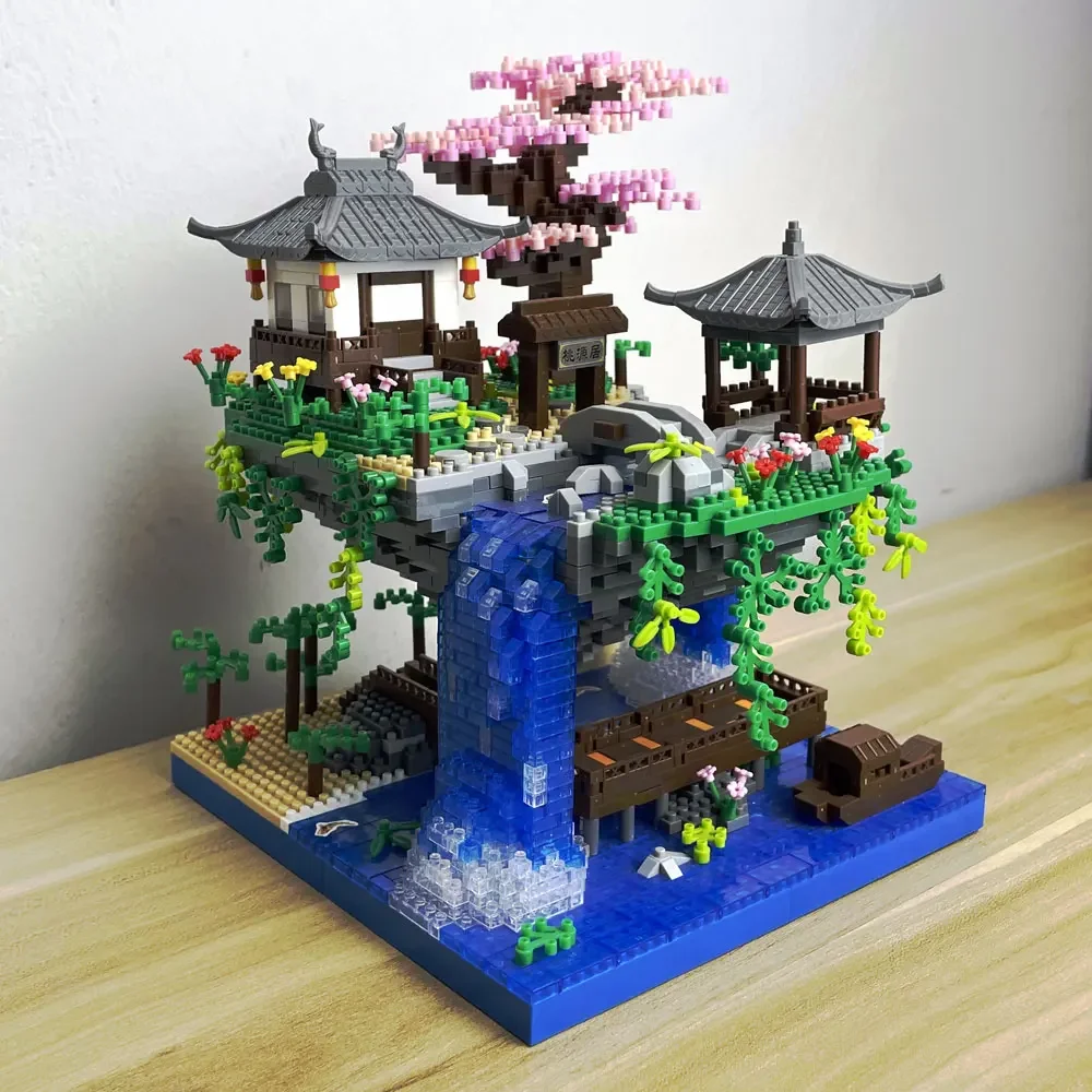 Ensemble de blocs de construction micro brique sur le thème du lac Taohuatan, jouets créatifs pour adultes, briques modèles de paysage chinois uniques avec lumière LED