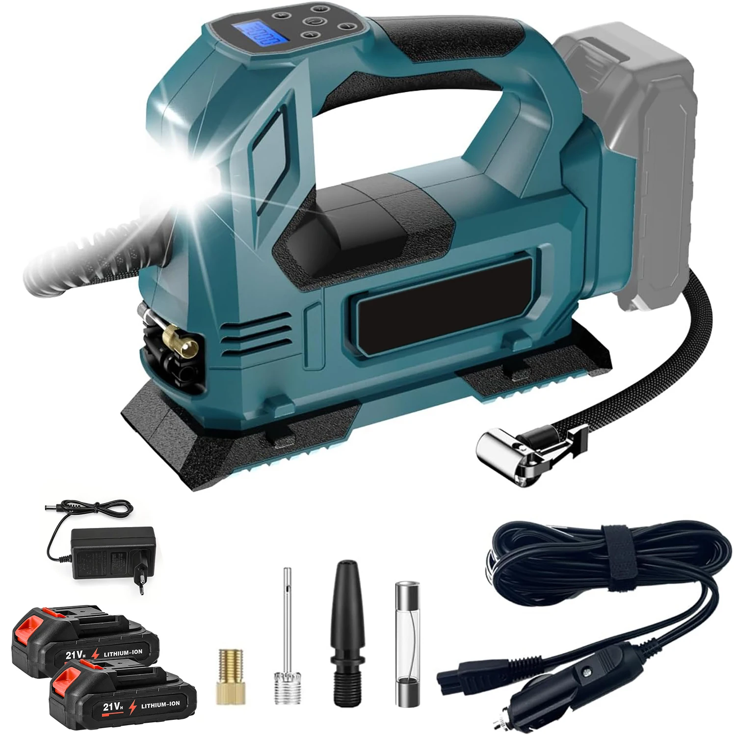 Image of Kabellose elektrische Luftpumpe, wiederaufladbarer automatischer Reifenfüller für Autos, tragbarer Luftkompressor für den Heimgebrauch, kompatibel mit Makita 18V Akku