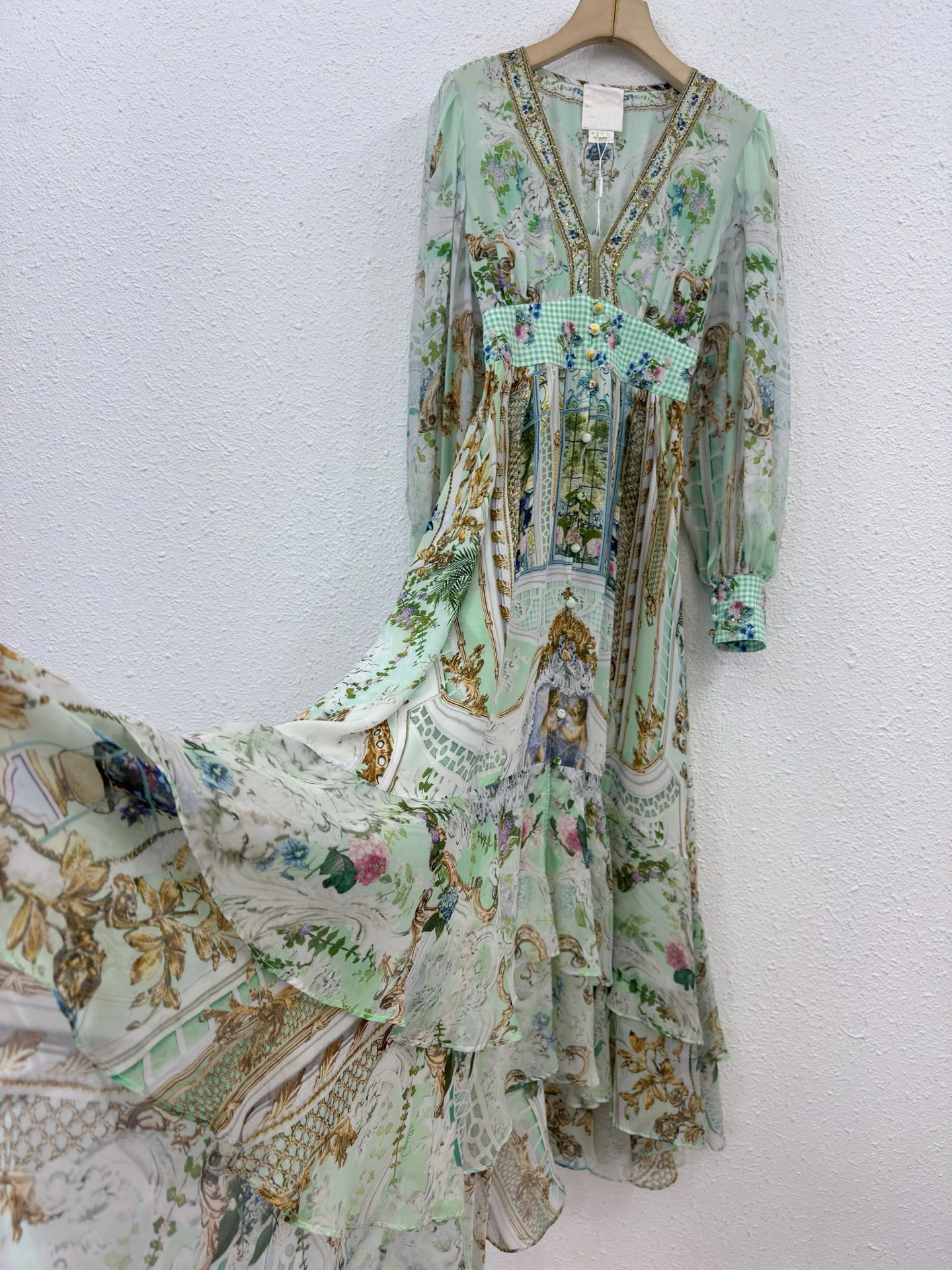 Abito lungo a maniche lunghe Boho in vera seta al 100% per donna Abito fluido con vita a quadretti con stampa barocca verde menta