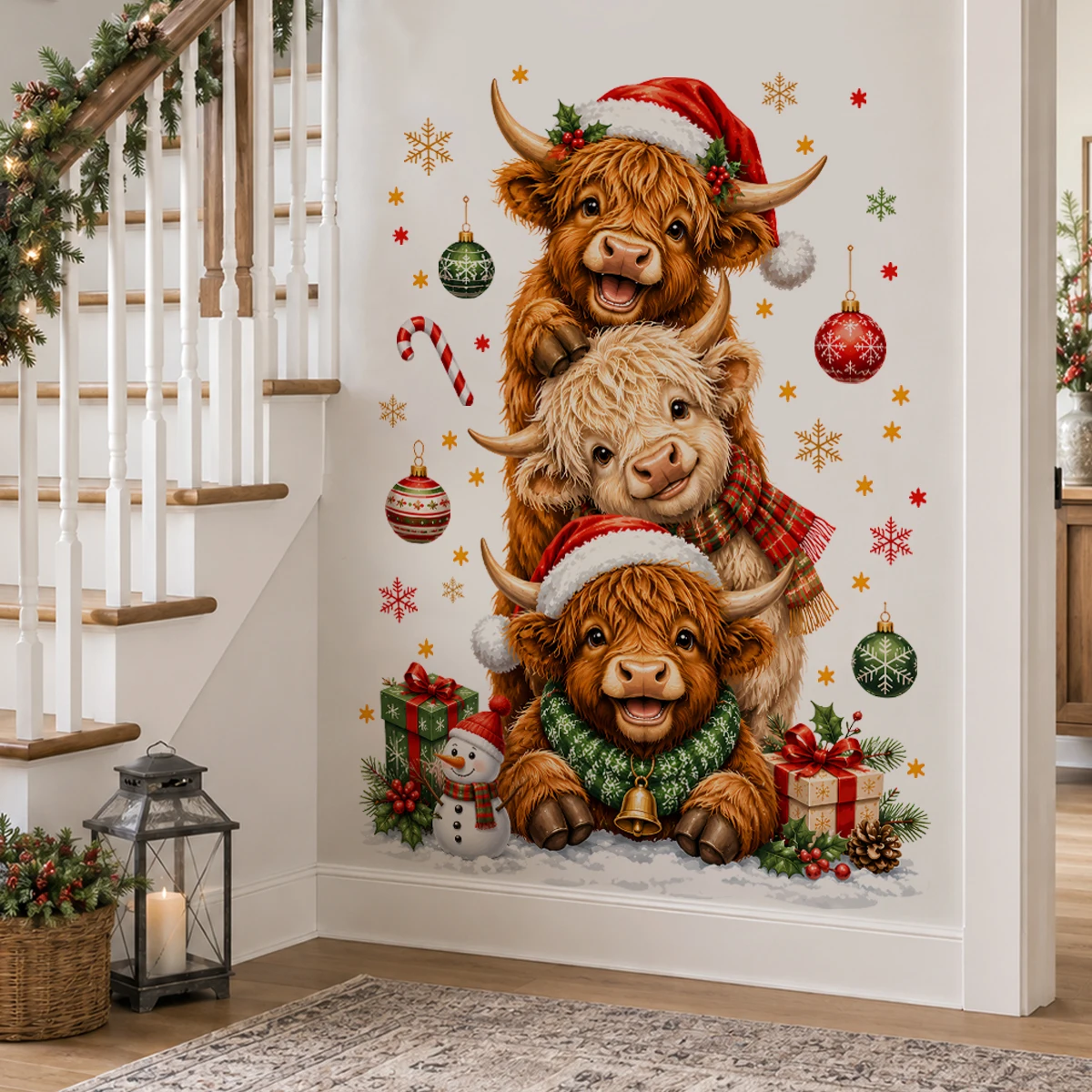 Christmas Highland Cow Wall Decal Farmhouse Holiday Wall Sticker Xmas Decor Living Room Bedroom Decoration