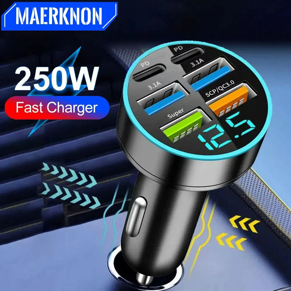 4 USB Car Charger 250W Dual PD Fast Charging Auto Mobile Phone USB C Charger Adapter for iPhone Samsung Huawei Xiaomi QC 3.0