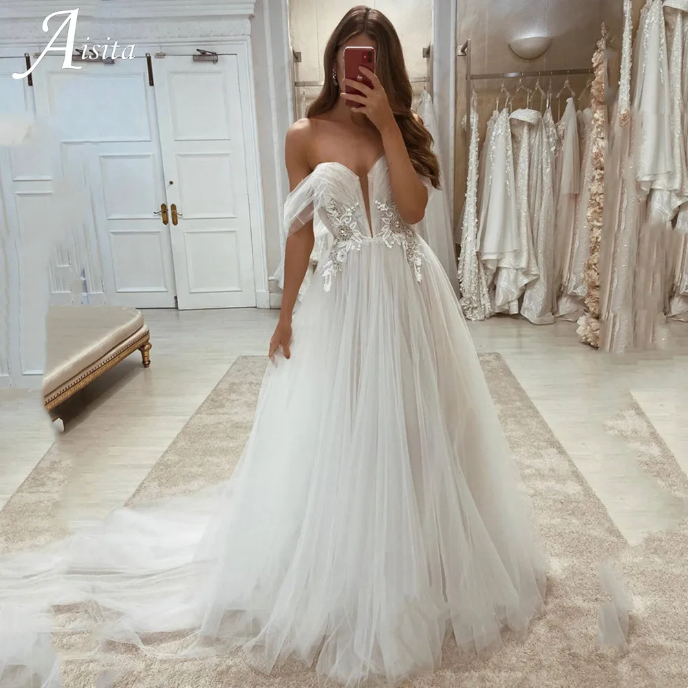 

Off The Shoulder Wedding Dress Stereo Flowers Embroidery customized Wedding Gown For Bride 2022 Sweetheart Vestido De Noiva