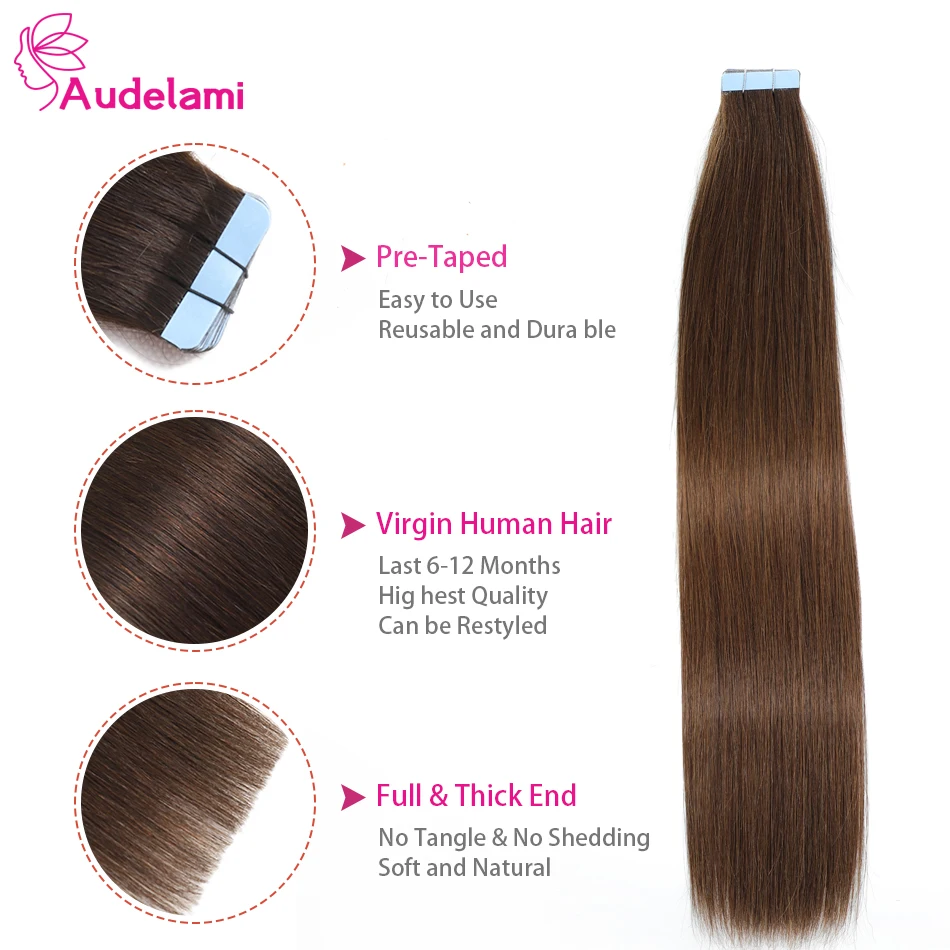 Audelami Tape in Human Hair Extensions Invisible Hand Tied Natural Straight Remy Hair  2.0g/pcs 100%Real Human Hair For Women