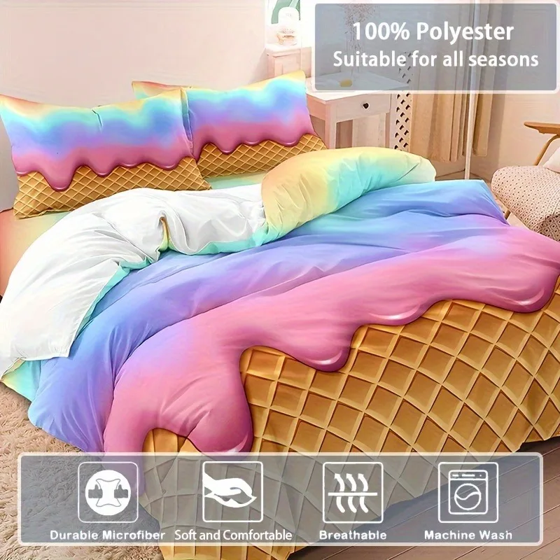 3pcs Vibrant Rainbow Ice Cream Wafer Cone Duvet Cover Set - Soft, Breathable, and Comfortable Bedding for Bedroom, Dormitory