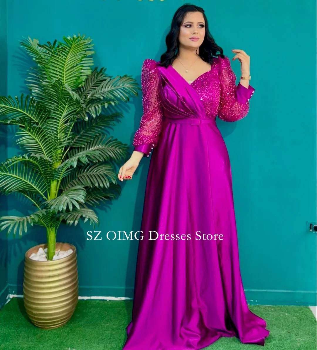 

OIMG Dubai Mordern Fuchsia Prom Dresses Puff Sleeves A-Line Evening Dress Satin Slit Women Evening Gowns Formal Slit Party Dress