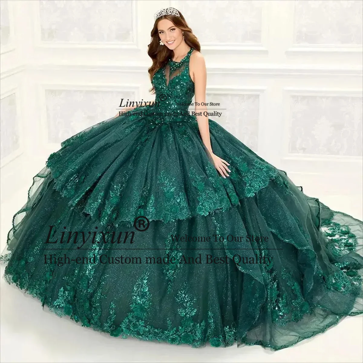 Customnized Sparkle Sequined Quinceanera Dress 3D Flowers Applique Beaded Ball Gown Sweet 16 Gown Sweep Train Vestido de 15 Años