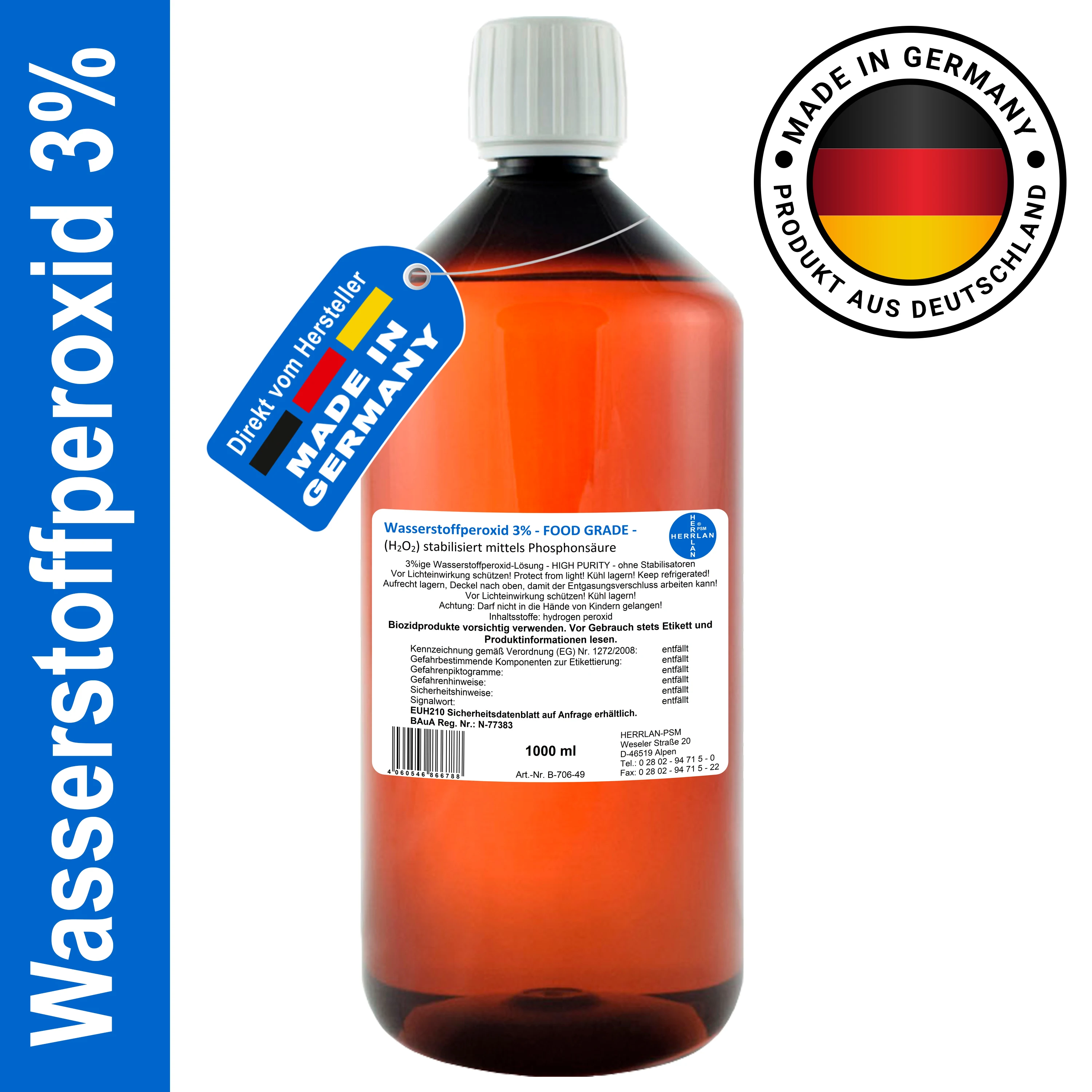 Peroxyde d'hydrogène 3% GRADE FOOD I 1 litre à 10 litre I MHD 12 mois I stabilisé I Herrlan I fabriqué en Allemagne