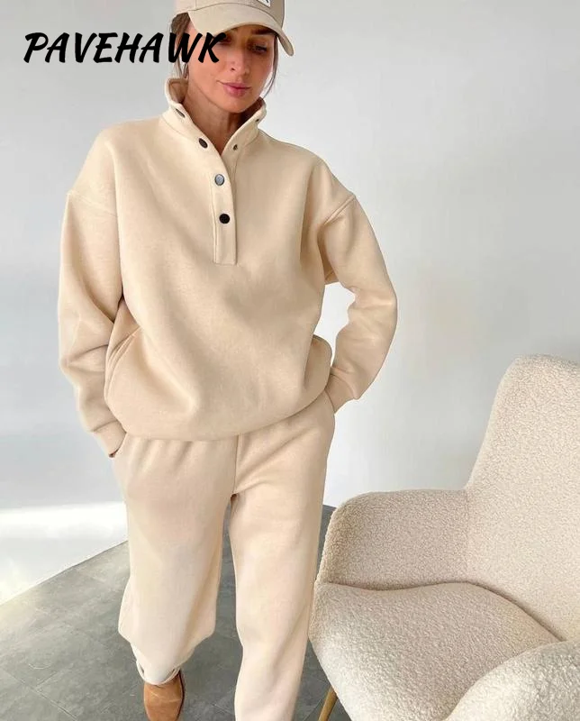 Women Elegant Solid Hoodies Sets Long Sleeve Stand Up Collar Loose Thick Button 2 Piece Set Loose Casual Pullover Long Pant Suit