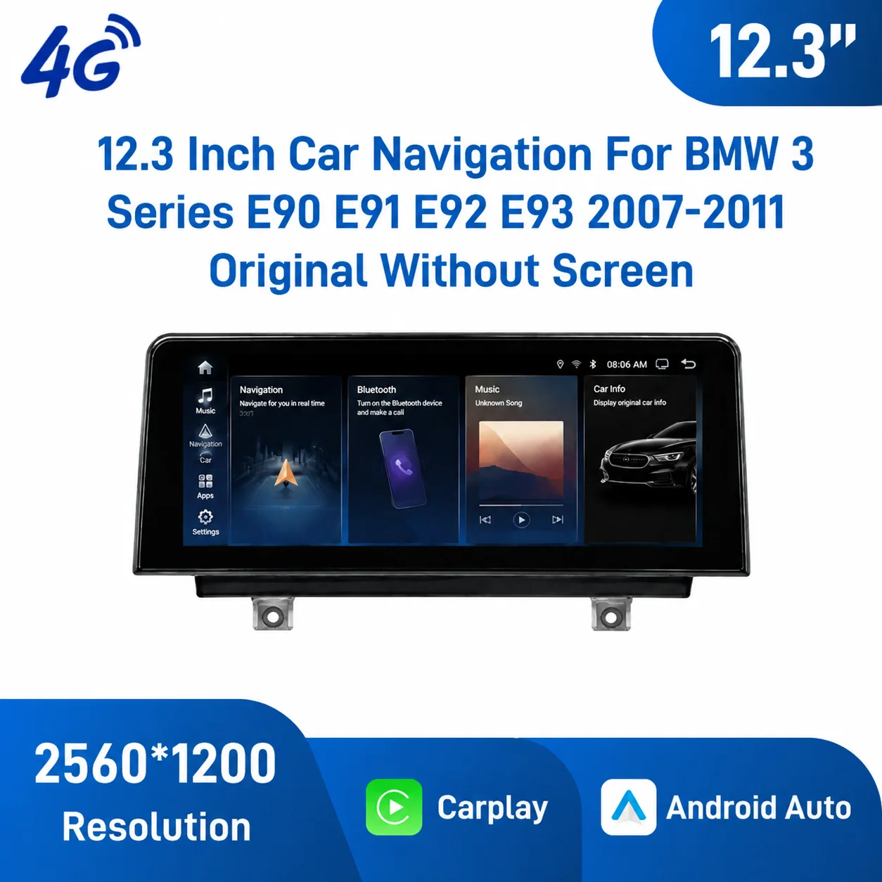 For BMW 3 Series E90 E91 E92 E93 2007-2011 12.3 Inch Android Car Navigation  Without Original Screen Apple CarPlay Android Auto